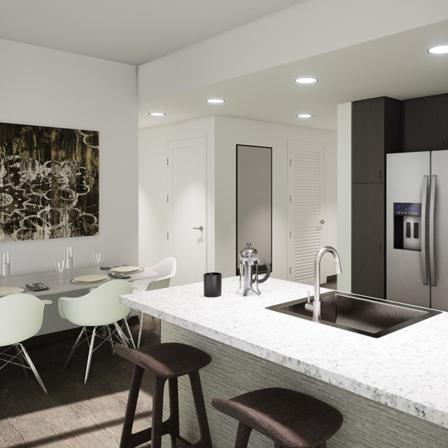 A photographic illustration of the kitchen area of a residential space at the Life Time LIving in Coral Gables, Florida