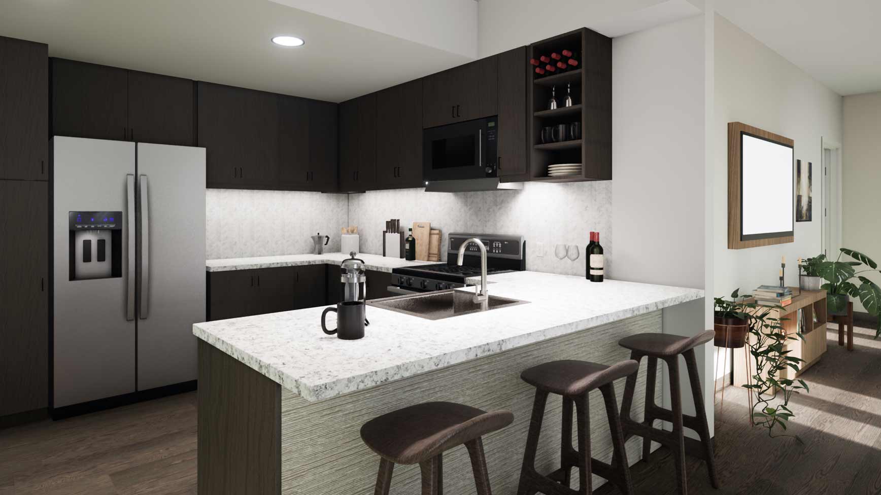 The kitchen and living area of a residential space at the Life Time LIving in Coral Gables, Florida