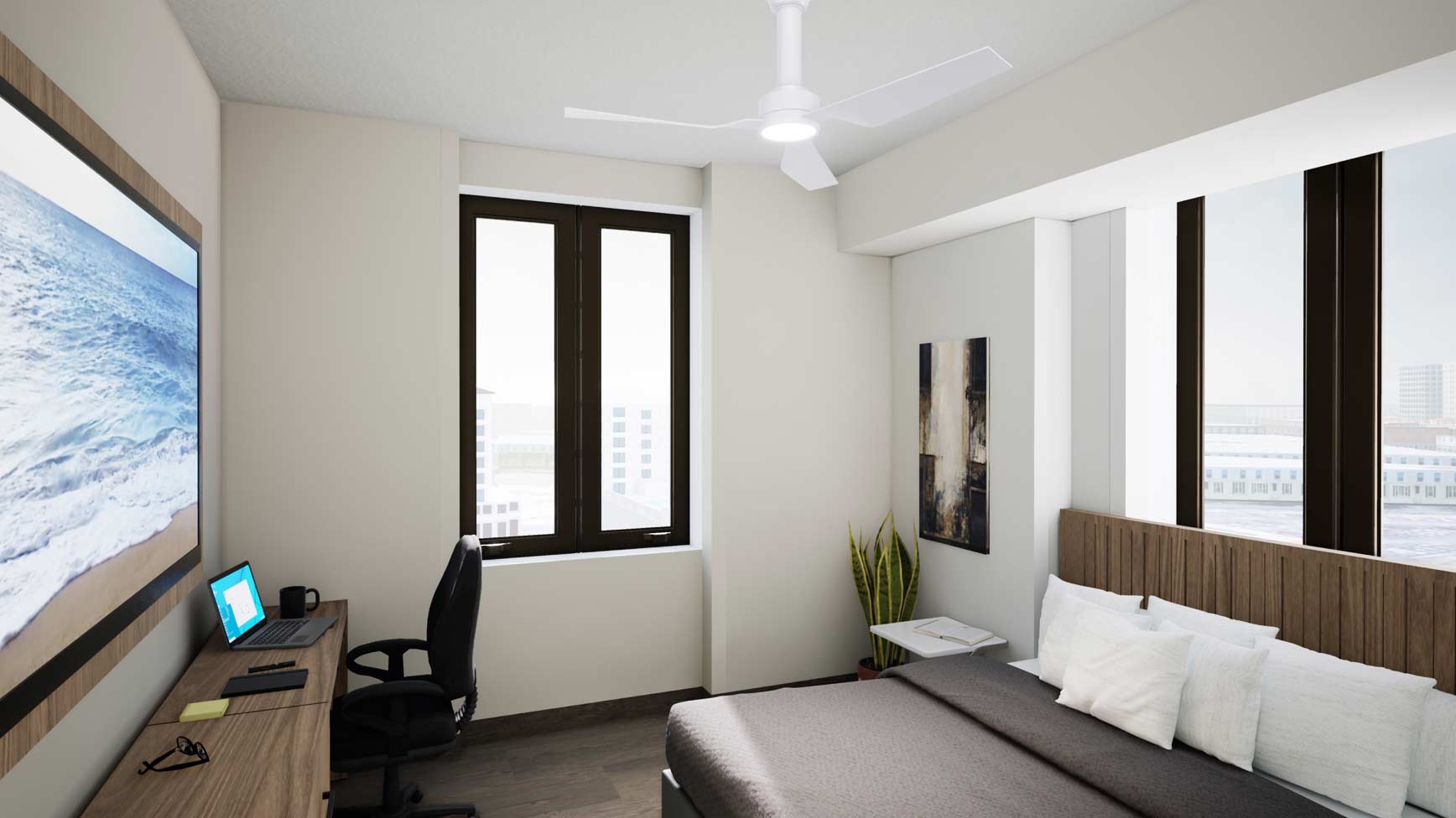 A photographic illustration of the connected living features in the bedroom of a Life Time Living residential space in Coral Gables, Florida
