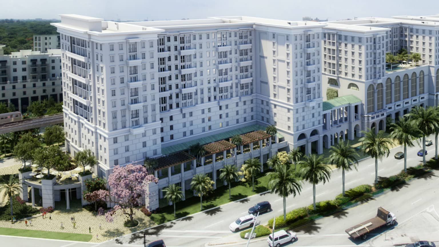 A photographic illustration of the exterior of the Life Time Living in Coral Gables, Florida