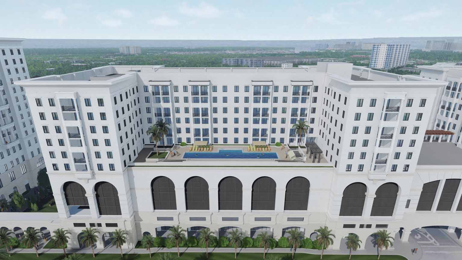 A photographic illustration of the outdoor terrace at the Life Time Living in Coral Gables, Florida