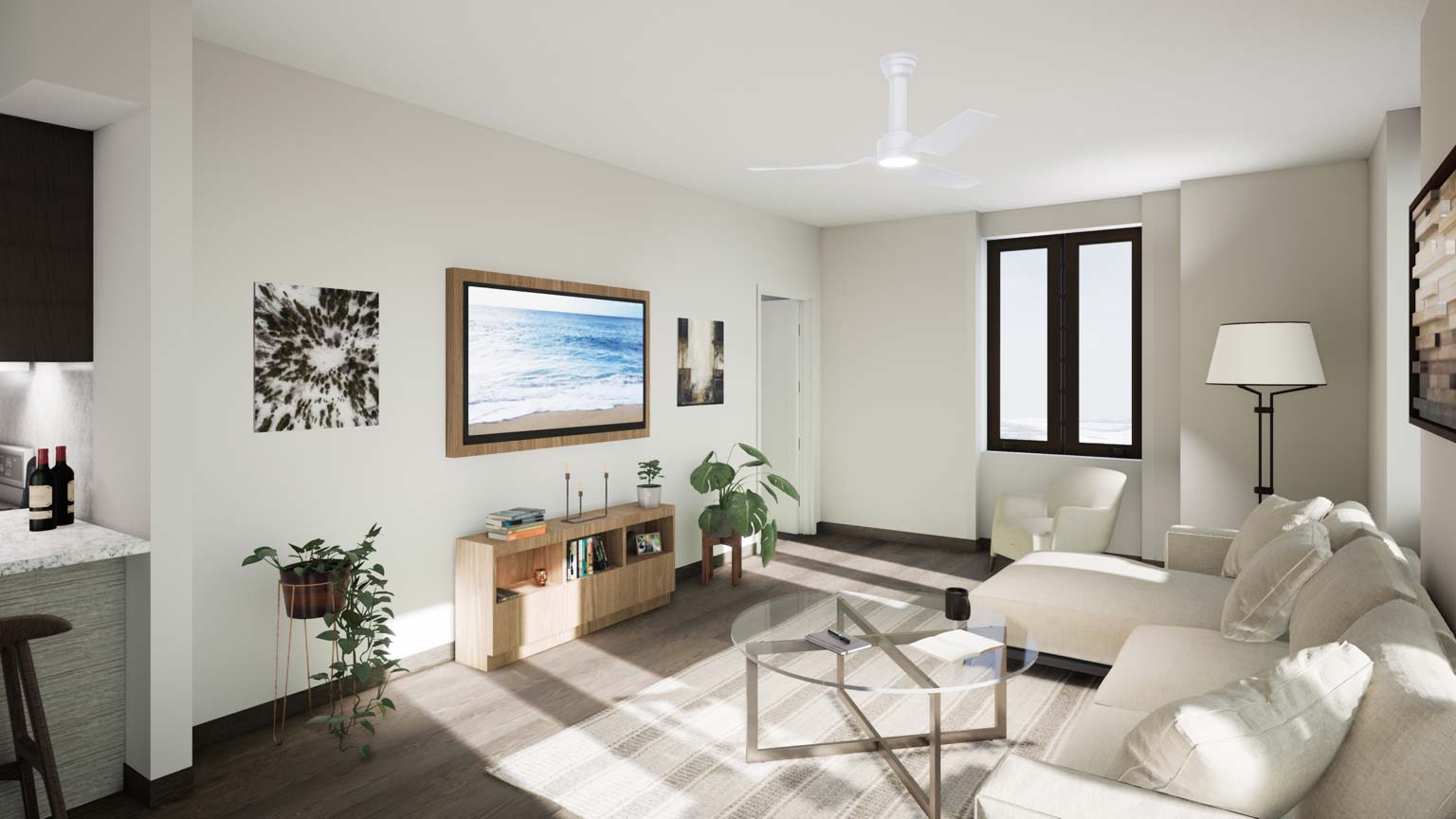 A thoughtfully designed living area at a Life Time Living residential space in Coral Gables, Florida
