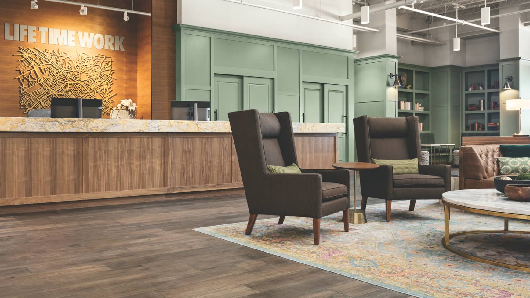 The lounge area of the coworking space at the Life Time Living in Coral Gables, Florida