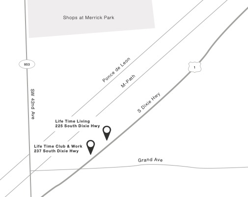 An illustrated map of Life Time Coral Gables