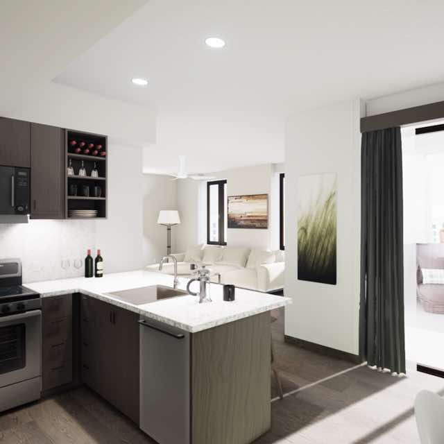A contemporary, open floor plan with views of the living room, kitchen and terrace.