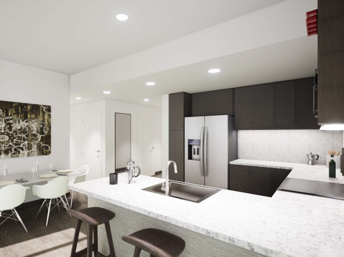 The kitchen features granite countertops and stainless-steel appliances