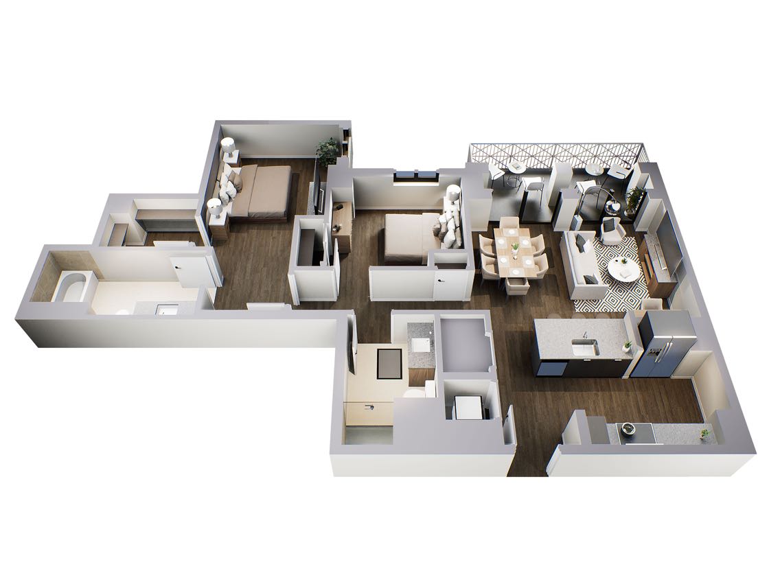 A three-dimensional aerial rendering of the 2-bedroom floorplan