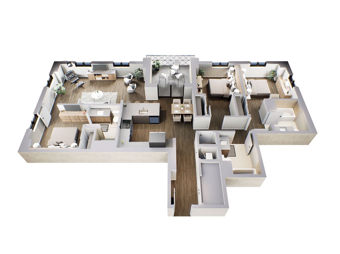 A three-dimensional aerial rendering of the 3-bedroom floorplan