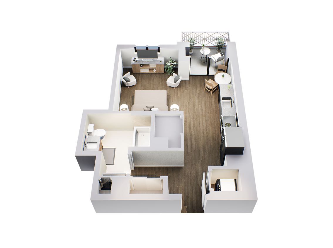 A three-dimensional aerial rendering of the studio floorplan