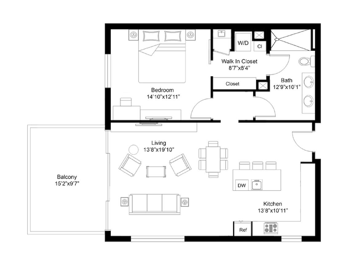 A three-dimensional aerial rendering of the 1-bedroom floorplan