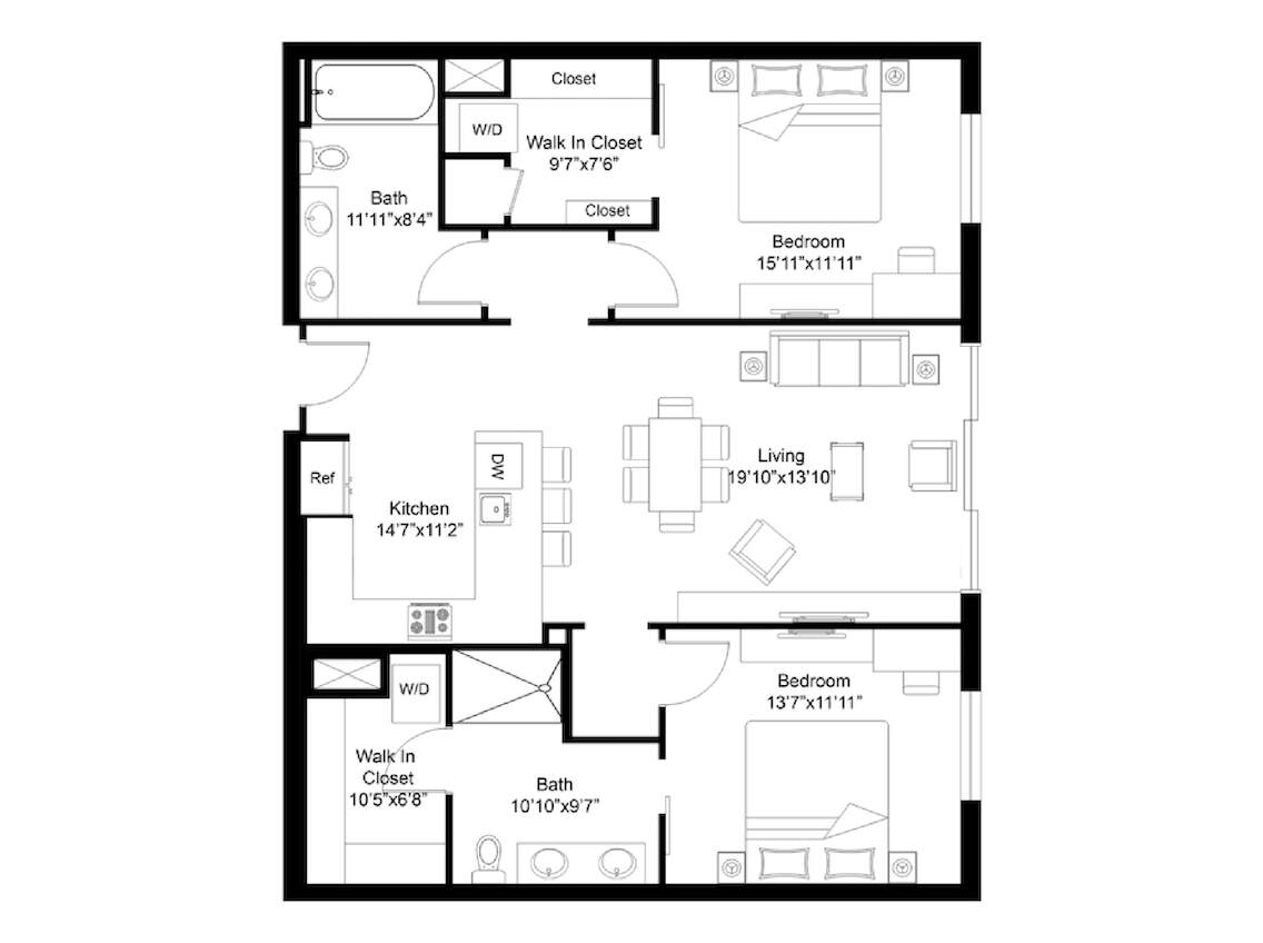 A three-dimensional aerial rendering of the 2-bedroom floorplan