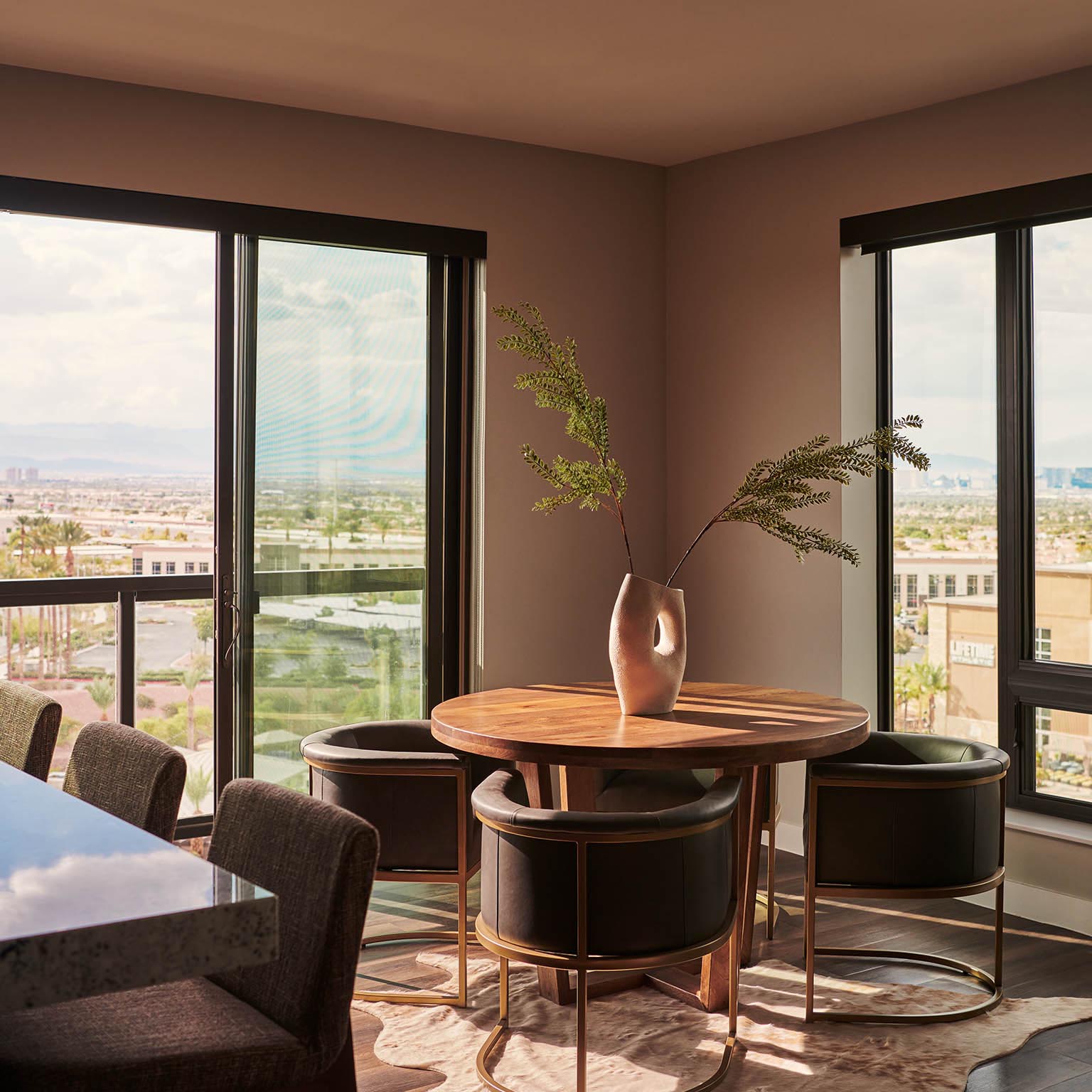 Decorated living room and kitchen in a city apartment