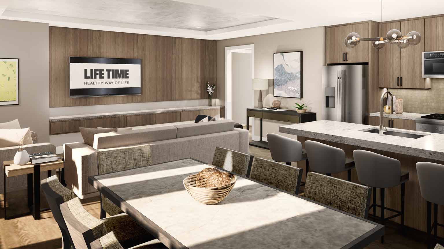 A photographic illustration of the kitchen and living area of the Life Time Living residential space